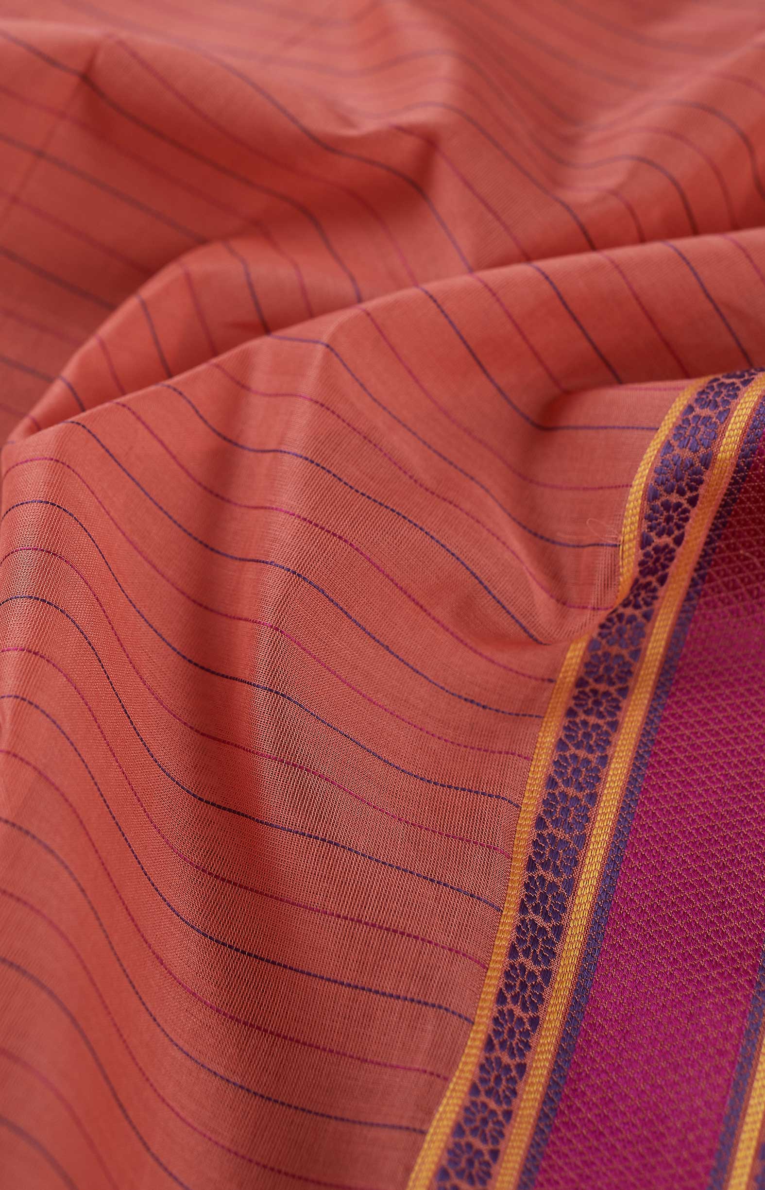 Orange, Handwoven Organic Cotton, Plain Weave , Jacquard, Work Wear, Striped Saree